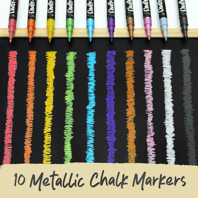 Chalkola Extra Fine Tip Metallic Chalk Markers (10 Pack, 1mm Point) - Liquid Chalk Pens for Chalkboard, Blackboard, Bistro Menu, Car Windows, Glass, Acrylic Board - Thin Erasable Wet Erase Paint Ink - Image 2